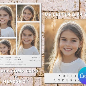 Op de afbeelding: Een modelcompkaart en een headshot van Amelia Anderson. De kaart bevat haar afmetingen, contactgegevens en een headshot van haar. De kaart is wit met zwarte tekst en is geplaatst tegen een achtergrond van bruine steen.