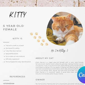 Solicitud de alquiler de currículum de gato para Canva, currículum de gato para alquilar, anuncios de adopción de gatos, rescate de gatos, biografía de gato, carta de presentación para mascotas