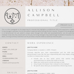 May include: A resume template with a professional title, contact information, work experience, and skills sections. The template features a simple design with a dog and cat icon.