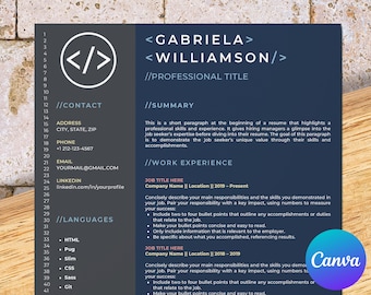 Modèle de CV de développeur pour Canva : parfait pour les ingénieurs Web et logiciels, programmeur informatique, Java, pile complète, frontal, sql, python, réactif