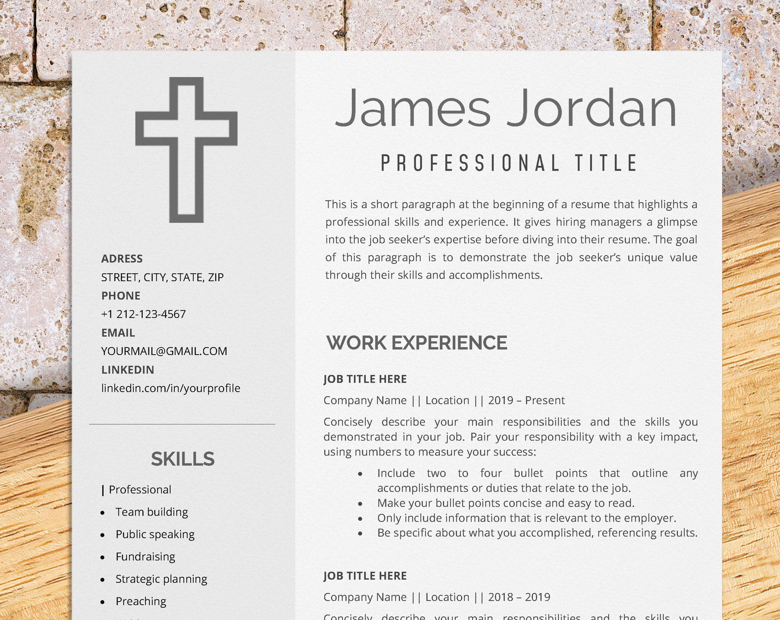 Pastor resume template and cover letter for Word, religion teacher resume, church administrator resume, instant download
