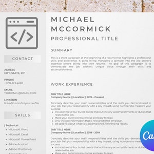 May include: A resume template with a gray code icon, contact information, and a summary section. The template includes a work experience section with a job title, company name, location, and dates of employment. The template also includes a skills section with a list of technical skills.