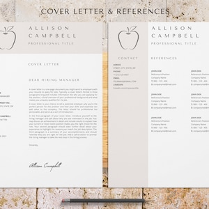 May include: A beige and white cover letter and references template with a red apple icon. The cover letter includes a sample letter addressed to a hiring manager. The references section includes a list of sample references with names, titles, and contact information.