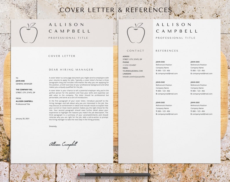 May include: A beige and white cover letter and references template with a red apple icon. The cover letter includes a sample letter addressed to a hiring manager. The references section includes a list of sample references with names, titles, and contact information.