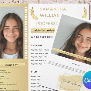 Plantilla de currículum de actor infantil para Canva, cv de actor infantil, cv de actor y actriz modelo infantil con foto, foto de rostro, carta de presentación y página de referencia