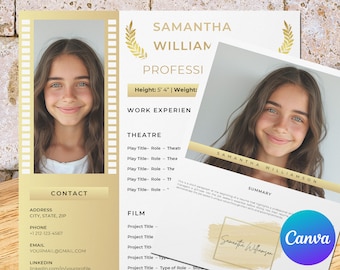 Può includere: Un modello di curriculum professionale con un ritratto di una giovane donna. Il curriculum presenta dettagli dorati, un design a striscia di film e sezioni per l'esperienza lavorativa, le informazioni di contatto e un riepilogo. Il logo Canva è visibile.