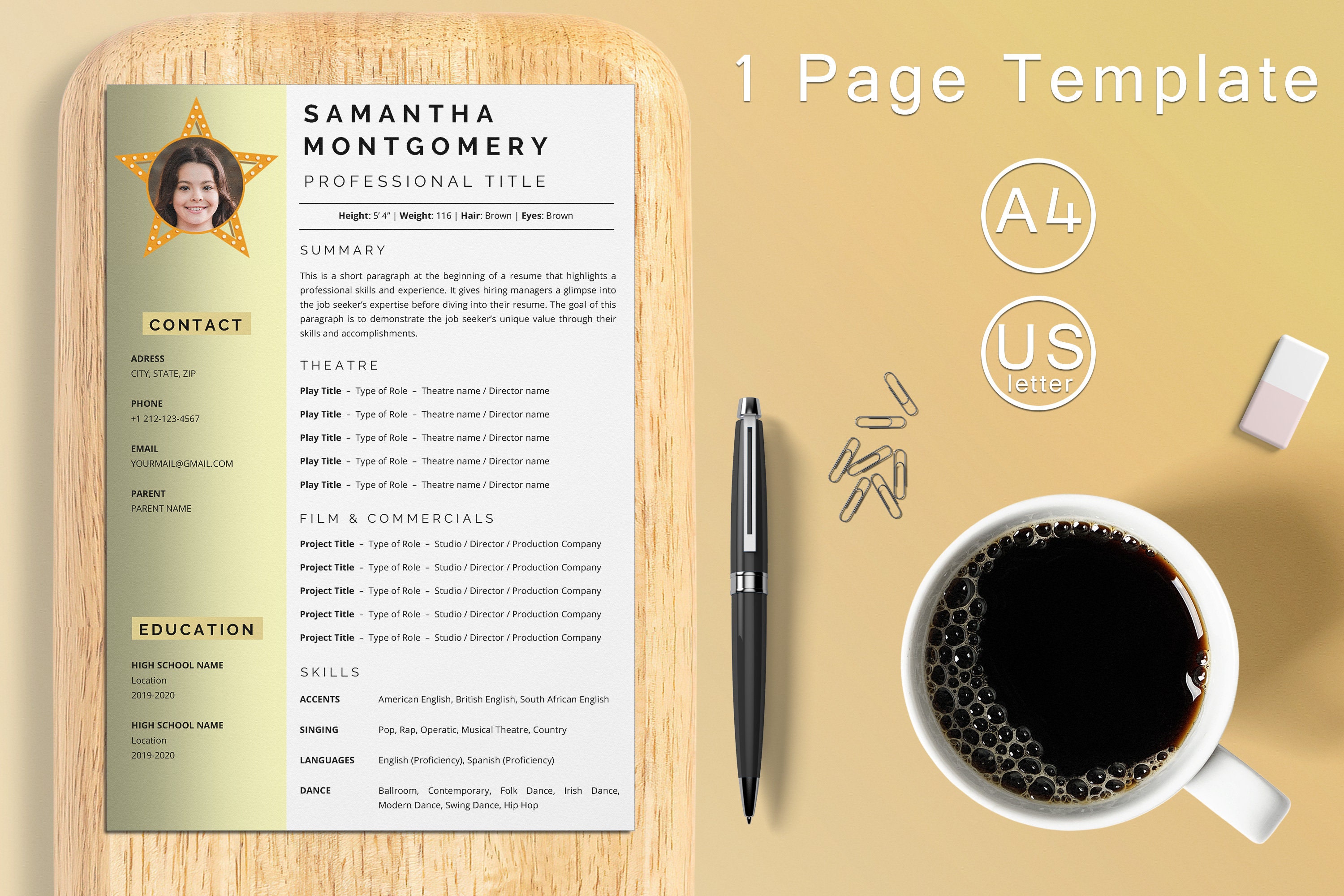 Child Actor Resume Template With Photo for Word Actor & Etsy