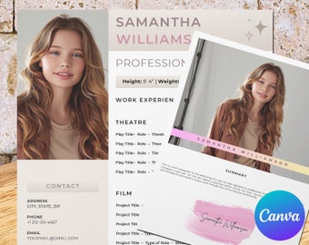 Child actor resume template for Canva, child model actor and actress cv with photo, modern headshot, cover letter and reference page
