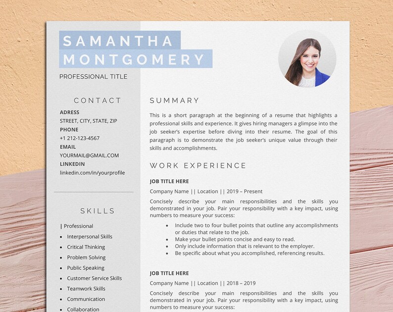 May include: A light blue resume template with a professional headshot of a woman. The resume includes sections for contact information, skills, summary, and work experience. The template is designed to highlight the job seeker's unique value through their skills and accomplishments.