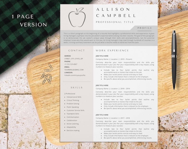 May include: A one-page resume template with a red apple icon. The template includes sections for contact information, skills, work experience, and a profile summary. The resume is designed to help job seekers create a professional and effective resume.