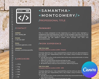 Modèle de CV développeur full stack pour Canva, logiciels, web, front-end, backend, sql, python, react, ios, angular, android, wordpress