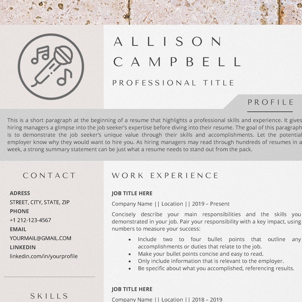 Singer & musician resume template for Word, music teacher resume, cover letter and reference page templates