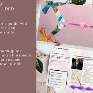 May include: A pink and white digital download product mockup with a resume template and a guide for editing the template. The text "Feminine Resume" is on the top right corner of the image. The text "Click Edit Template" is on the left side of the image.