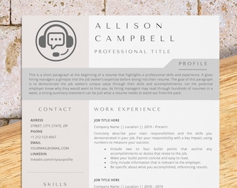 Customer service resume template for Word, call center resume, tech support resume, dispatcher resume, service desk cv, chat agent resume