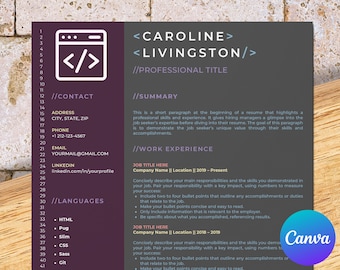 Modèle de CV de développeur pour Canva : pour les ingénieurs Web logiciels, programmeur informatique, Java, pile complète, frontal sql python react ios php angular