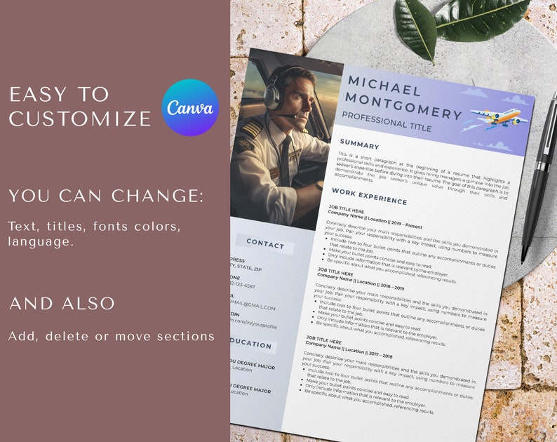 Pilot Resume Template With Photo for Canva, Airline Pilot Resume