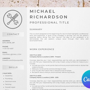 May include: A resume template with a wrench icon in the top left corner. The resume is for a person named Michael Richardson. The resume includes sections for contact information, skills, work experience, and a summary.