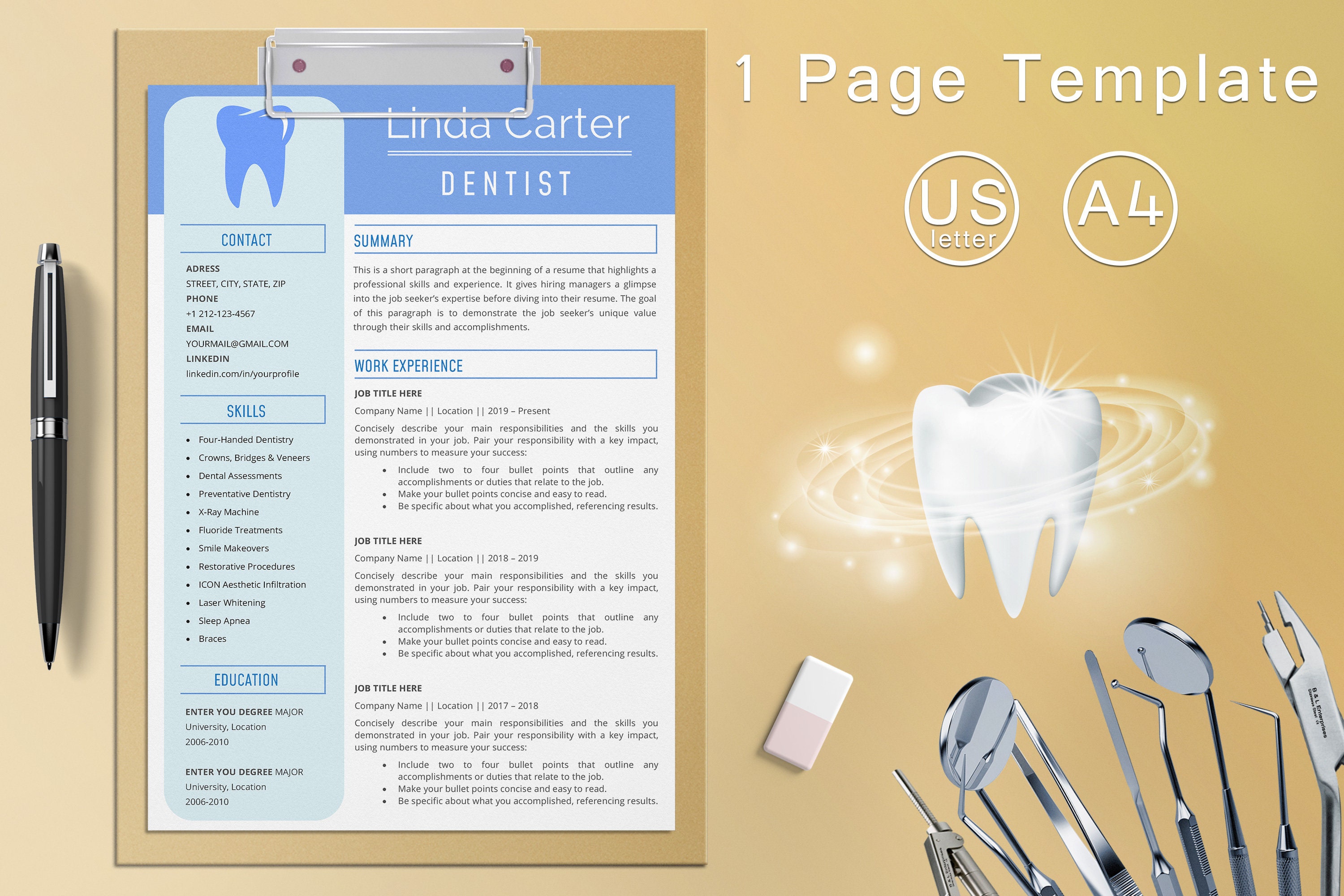 Dental Assistant Resume Template for Word Dentist Dental | Etsy