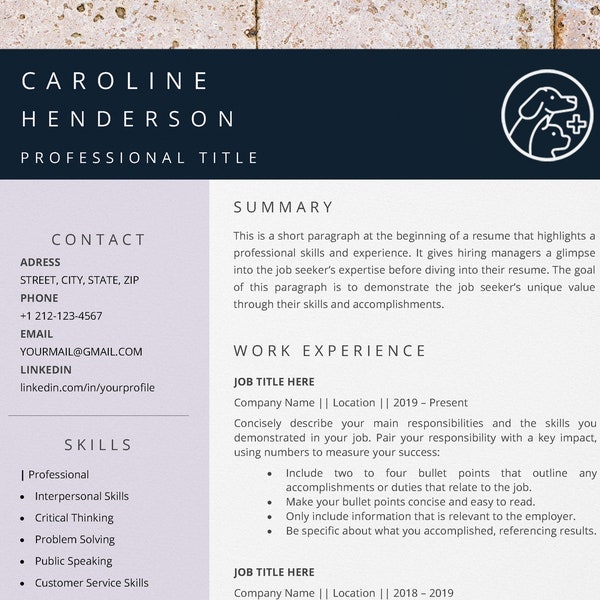 Veterinary assistant resume template for Word, veterinary technician, vet tech, veterinary receptionist resume, dog sitter, dog trainer cv