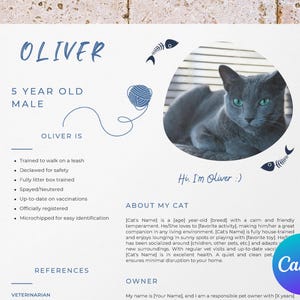 Currículum de gato con foto para Canva, currículum de gato para solicitud de alquiler, anuncios de adopción de gatos, rescate de gatos, biografía de gato, carta de presentación para mascotas