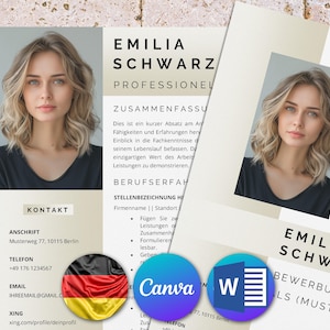 Puede incluir: Una plantilla de currículum beige y marrón con una foto de una mujer. La plantilla incluye el texto "EMILIA SCHWARZ PROFESSIONAL" y "KONTAKT".
