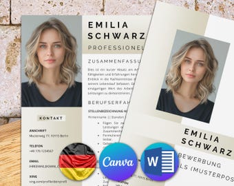 Bewerbungsvorlage für Word, Lebenslauf vorlage Deutsch, anschreiben vorlage, deckblatt vorlage German, moderne bewerbung (+ Canva version)