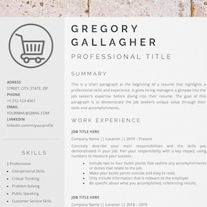 May include: A resume template with the name "Gregory Gallagher" and the title "Professional Title." The resume includes sections for a summary, work experience, and skills. The skills section lists professional, interpersonal, and problem-solving abilities. A shopping cart icon is in the top left.