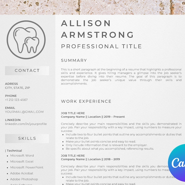 Dental assistant resume template for canva, dentist curriculum CV, dental hygienist, dental lab technician, orthodontic, stomatology resume