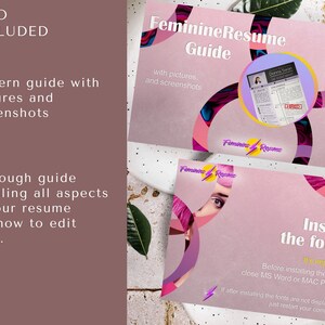以下が含まれることがあります： ピンクとパープルのガイドで、「Feminine Resume Guide」と「Install the fonts」というテキストが書かれています。女性の目のクローズアップも含まれています。このガイドには、履歴書用のフォントのインストール方法が記載されています。