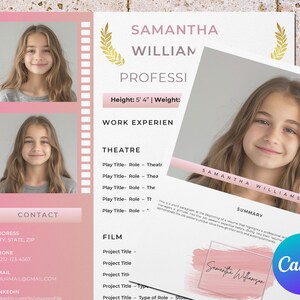 Plantilla de currículum de actor infantil para Canva, cv de actor y actriz modelo infantil con foto, currículum de actor infantil, foto de cabeza, carta de presentación y página de referencia