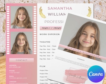 Child actor resume template for Canva, child model actor & actress cv with photo, kids actor resume, headshot, cover letter, reference page