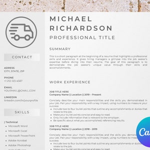 May include: A resume template with a truck icon, contact information, skills, and work experience sections. The template is designed to help job seekers create a professional resume.