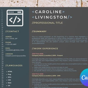 May include: A dark grey resume template with a code symbol in the top left corner. The resume is for Caroline Livingston and includes sections for contact information, summary, work experience, and languages. The template is designed to be used for a professional job application.