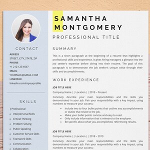 May include: A resume template with a light blue background and a yellow header. The header includes the name Samantha Montgomery and the title "Professional Title". The resume includes sections for contact information, summary, skills, and work experience.