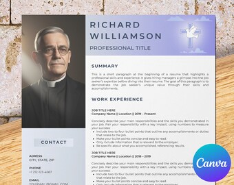 Pastor resume template for canva, religion resume, church cv, chaplain cv, priest cv, sunday school teacher resume, worship leader cv