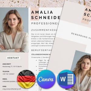 May include: A resume template with a professional design. The template features a photo of a woman, contact information, and a section for work experience. The template is available in both Canva and Word formats.