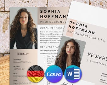 Bewerbungsvorlagen Deutsch für Word, Lebenslauf vorlage, deckblatt vorlage, moderner bewerbung, anschreiben vorlage German (+ Canva version)