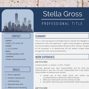 Może przedstawiać: Szablon CV z grafiką przedstawiającą panoramę miasta, informacjami kontaktowymi, umiejętnościami, podsumowaniem i sekcjami dotyczącymi doświadczenia zawodowego. Szablon jest przeznaczony dla profesjonalistów, którzy chcą zaprezentować swoje umiejętności i doświadczenie.