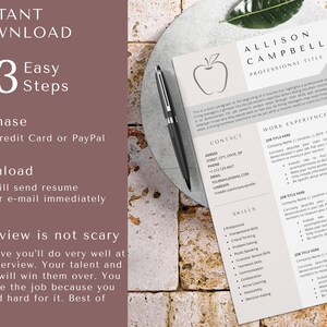 May include: A resume template with a simple design featuring a red apple icon. The template includes sections for contact information, work experience, skills, and a profile. The text "INSTANT DOWNLOAD 3 Easy Steps Purchase with Credit Card or PayPal Download Etsy will send resume to your e-mail immediately Interview is not scary I believe you'll do very well at the interview. Your talent and focus will win them over. You deserve the job because you worked hard for it. Best of luck." is visible on the left side of the image.