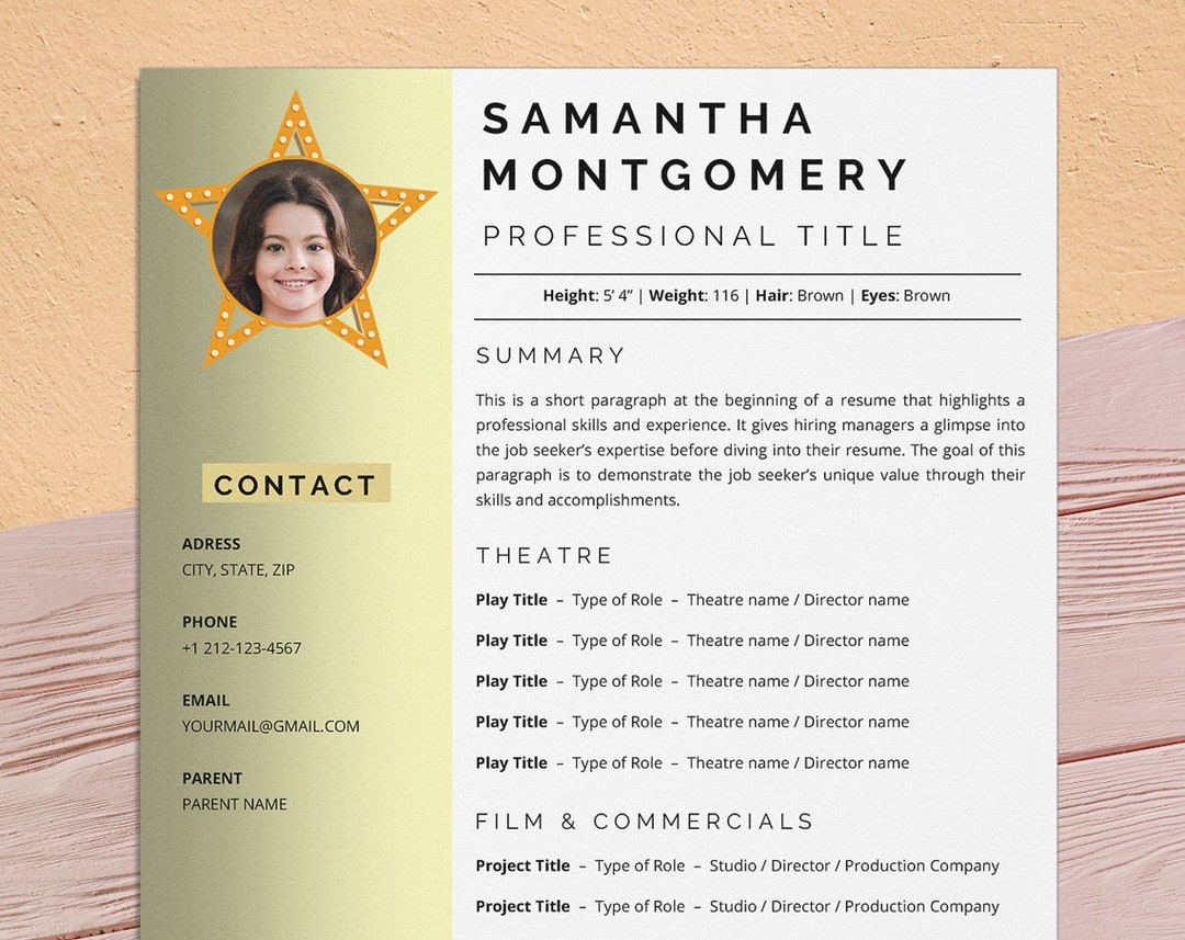 Child Actor Resume Template With Photo for Word Actor & Etsy