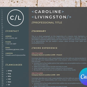 May include: A resume template with a dark blue background and white text. The template includes sections for contact information, a summary, work experience, and languages. The template is designed to be used by job seekers to create professional resumes.