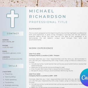 Plantilla de currículum de pastor para Canva, carta de presentación, currículum de maestro de religión, currículum de administrador de iglesia, cv de capellán, cv de maestro de escuela dominical