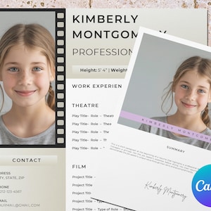 Plantilla de currículum de actor infantil para Canva: muestra el talento actoral de tus hijos con un diseño profesional y editable: destaca en las audiciones.