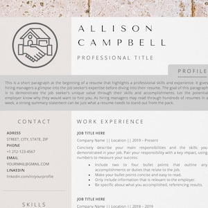 May include: A resume template featuring a house icon, contact details, work experience, and skills sections. The template is designed to assist job seekers in creating a professional resume.