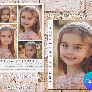 May include: A model comp card and headshot for Amelia Anderson. The card includes her name, age, measurements, and contact information. The headshot shows a young girl with blonde hair and blue eyes.