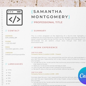 May include: A resume template designed for a software developer or programmer. The template features a simple design with a code symbol in the top left corner. The resume includes sections for contact information, summary, work experience, and languages.