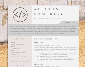 Web developer resume template for Word, programmer resume, software engineer, php, java, html, front end developer cv, full stack resume