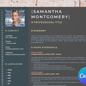 Może przedstawiać: Szablon CV z ciemnoszarym tłem i białym tekstem. Szablon zawiera sekcje na dane kontaktowe, podsumowanie, doświadczenie zawodowe i języki. Szablon został zaprojektowany do użytku przez osoby poszukujące pracy w celu tworzenia profesjonalnych CV.