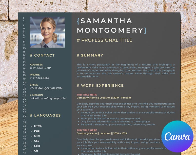 May include: A resume template with a dark gray background and white text. The template includes sections for contact information, a summary, work experience, and languages. The template is designed to be used by job seekers to create professional resumes.