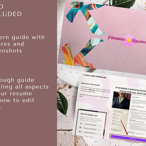 May include: A pink and white background with a pink card featuring a colourful abstract design. The card has the text "Feminine Resume" in pink and white. The text "ALSO INCLUDED" is in white on a brown background. The text "Modern guide with pictures and screenshots" is in white on a brown background. The text "Thorough guide detailing all aspects of your resume and how to edit them." is in white on a brown background. The text "1. CLICK EDIT TEMPLATE" is in black on a white background. The text "Sign up for a free account" is in black on a white background. The text "Edit the design now" is in black on a white background. The text "A template created by Feminine Resume was shared with you, start designing now" is in black on a white background. The text "Feminine Resume" is in pink and white on a white background.